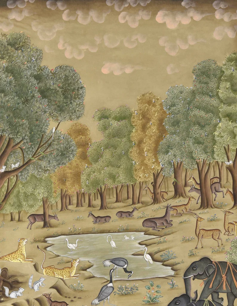 3x4 feet Authentic Jaipur Painting Vaikuntha Forest Scene  | SHOBITAM
