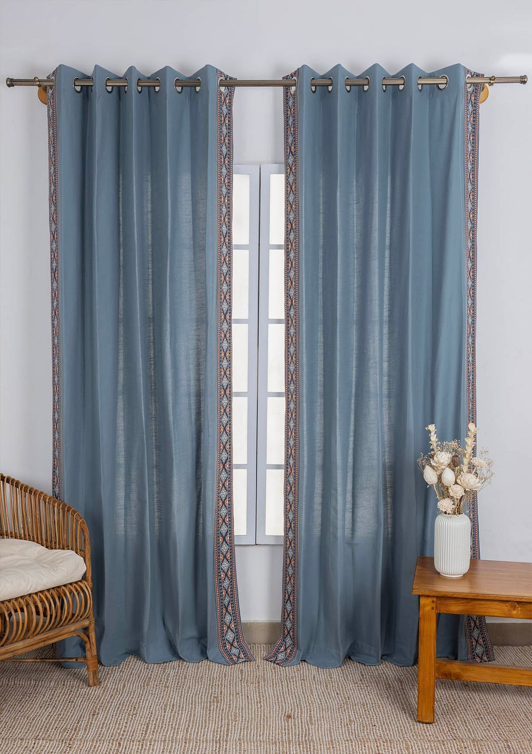 Tara Mist Blue 100% Cotton Curtain with Trim for living room & bedroom - Room Darkening - Mist Blue - Single Piece | SHOBITAM