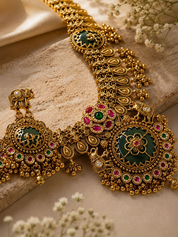 Temple Necklace Set in Gold Plating – Bridal | SHOBITAM