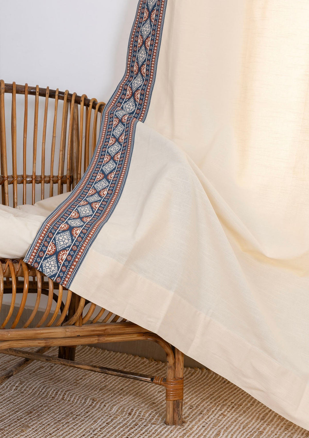 Tara Cream 100% Cotton Curtain with Trim for living room & bedroom - Light Reduction - Cream - Single Piece | SHOBITAM