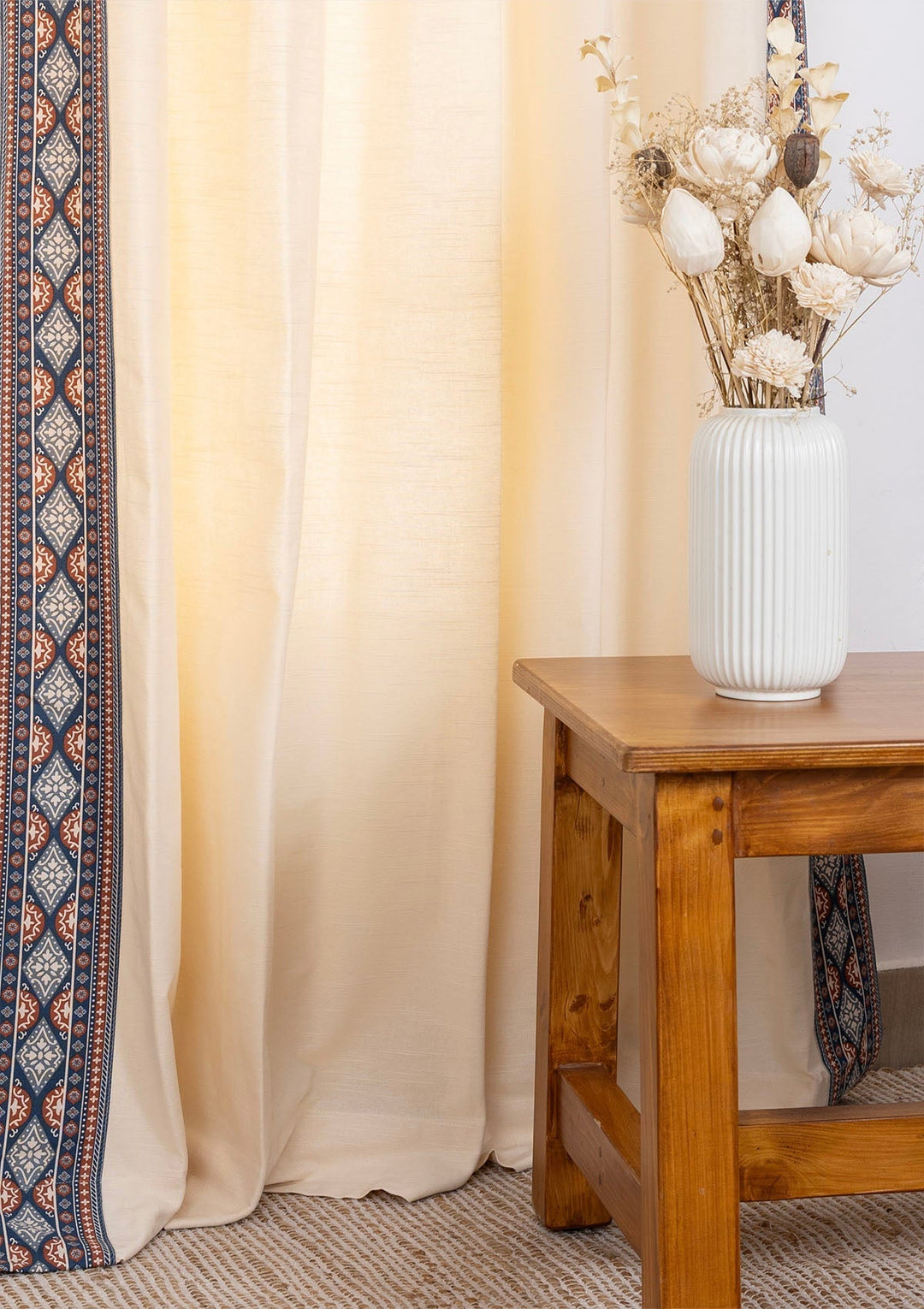 Tara Cream 100% Cotton Curtain with Trim for living room & bedroom - Light Reduction - Cream - Single Piece | SHOBITAM