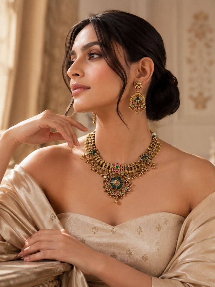 Temple Necklace Set in Gold Plating – Bridal | SHOBITAM