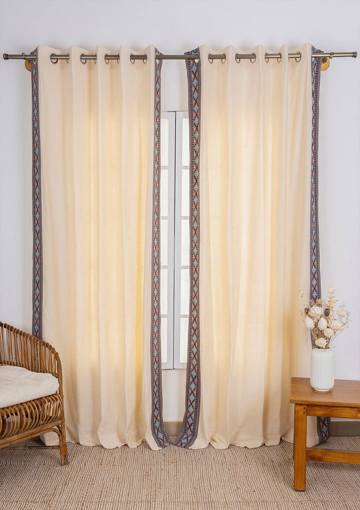 Tara Cream 100% Cotton Curtain with Trim for living room & bedroom - Light Reduction - Cream - Single Piece | SHOBITAM