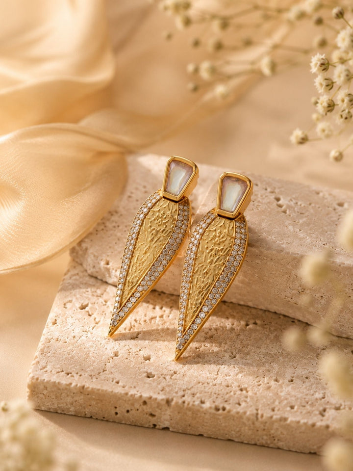 Geometric Gold Drop Earrings in CZ Finish – Party Wear | SHOBITAM