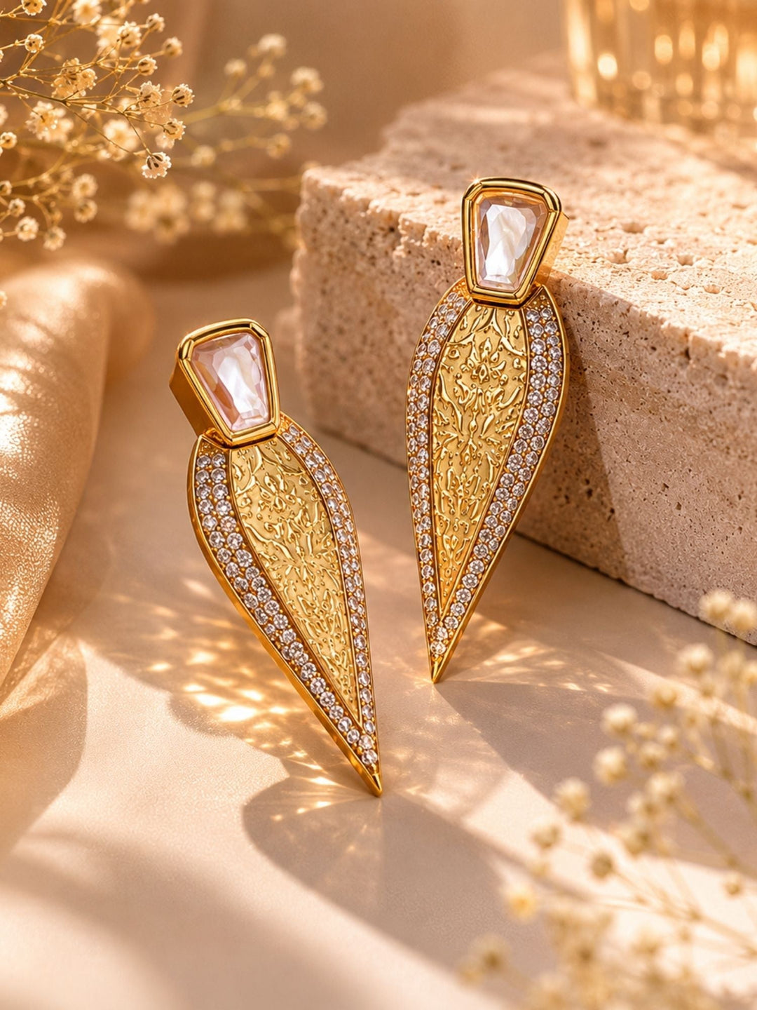 Geometric Gold Drop Earrings in CZ Finish – Party Wear | SHOBITAM