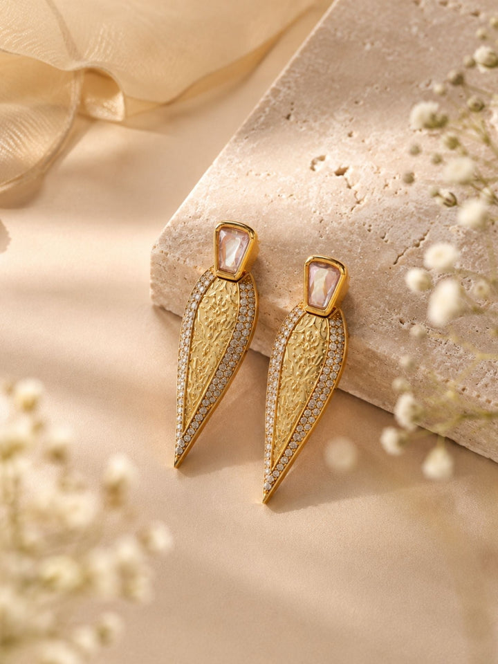 Geometric Gold Drop Earrings in CZ Finish – Party Wear | SHOBITAM