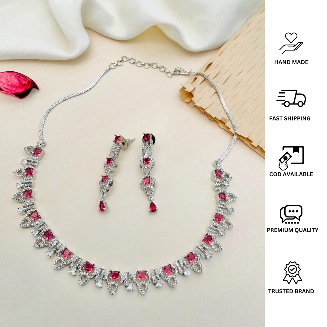 Premium Silver Plated American Diamond Necklace Set |SHOBITAM