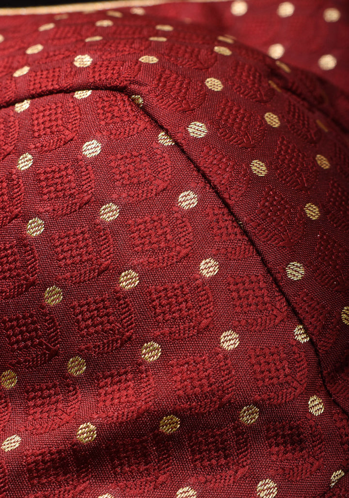 Maroon buti leaf neck sleeveless blouse and square neck back, Made to Order | SHOBITAM