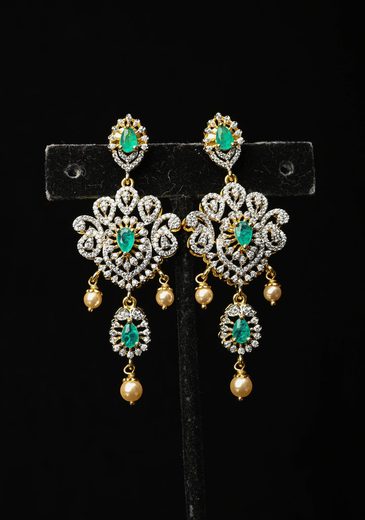92.5 Pure Silver, Emerald Look Stones and CZ Stone Drop Earrings