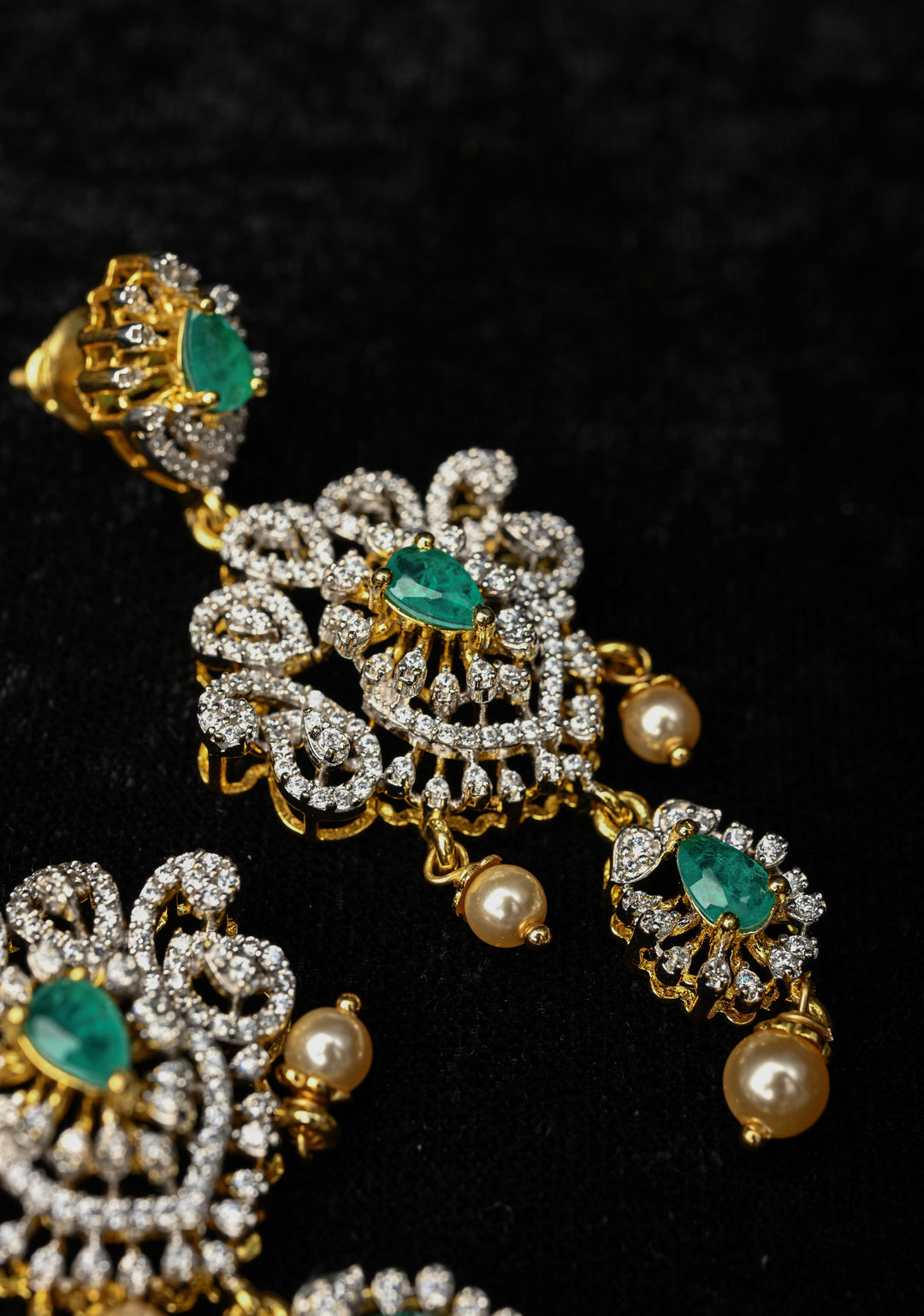 92.5 Pure Silver, Emerald Look Stones and CZ Stone Drop Earrings