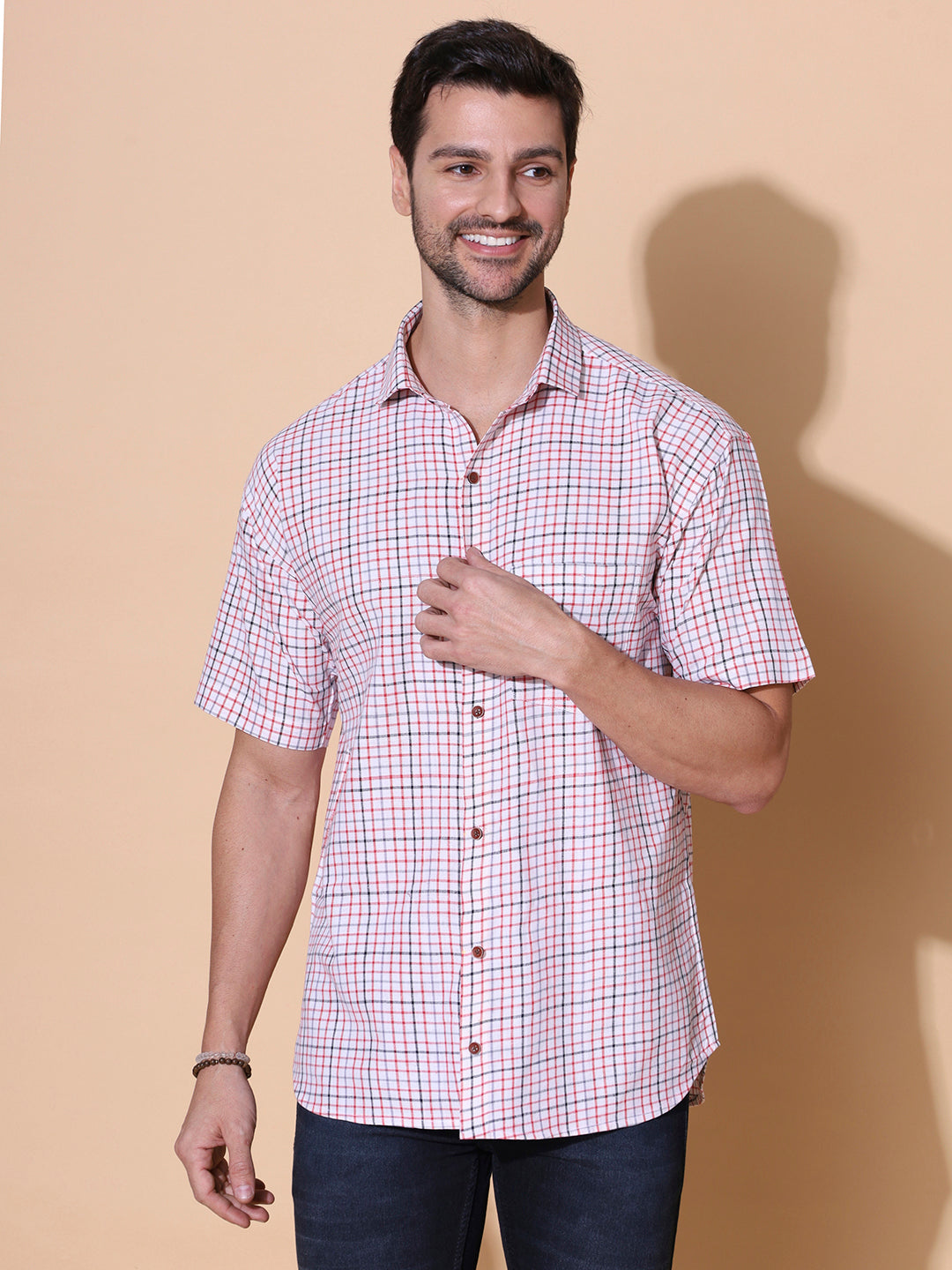Pink Checkered Pure Khadi Half Sleeve Cotton Shirt |SHOBITAM