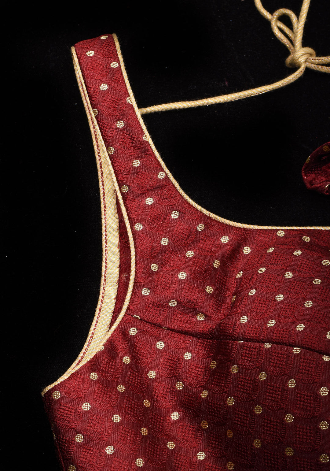 Maroon buti leaf neck sleeveless blouse and square neck back, Made to Order | SHOBITAM