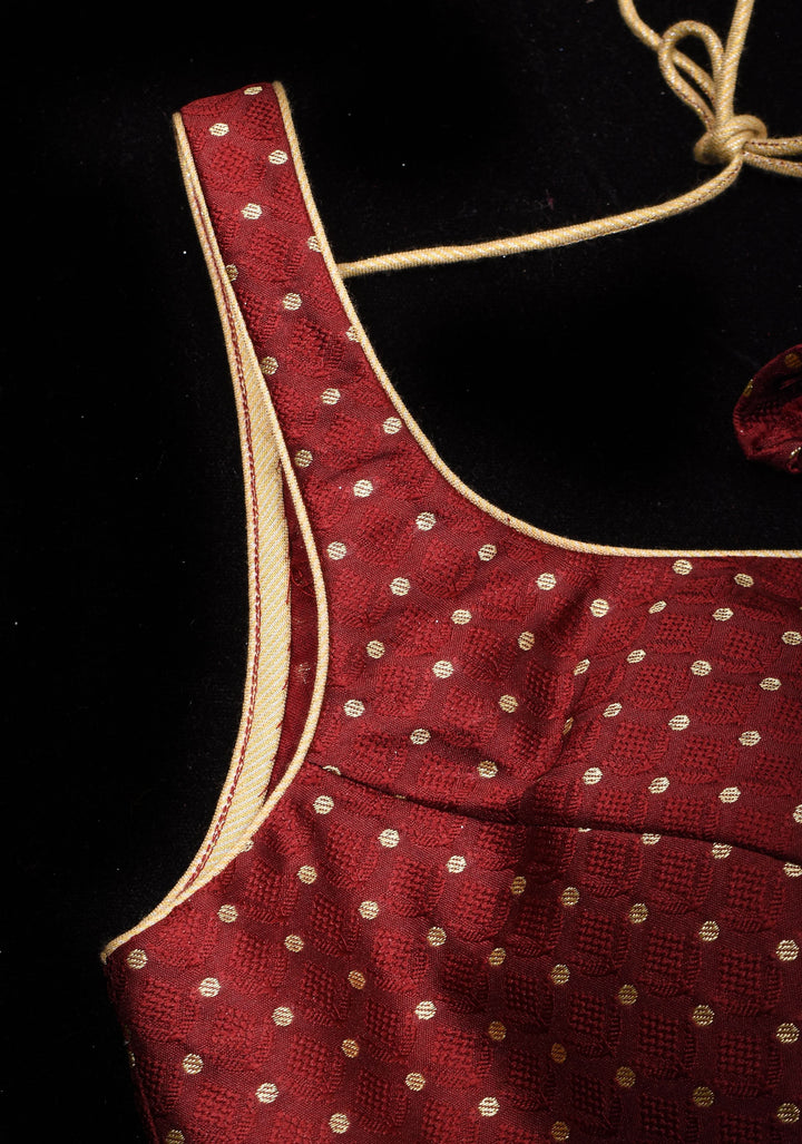 Maroon buti leaf neck sleeveless blouse and square neck back, Made to Order | SHOBITAM