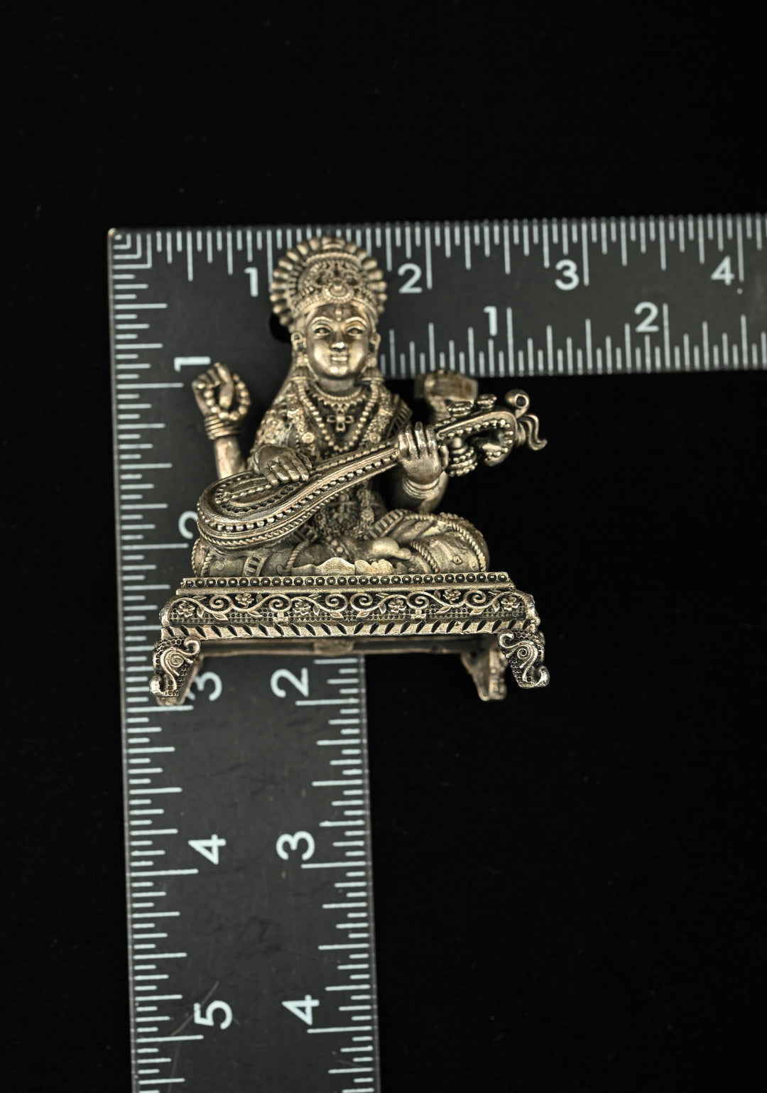 Pure 92.5 Silver Oxidized Goddess Saraswati Idol 3" inch