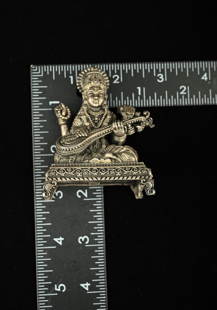Pure 92.5 Silver Oxidized Goddess Saraswati Idol 3" inch