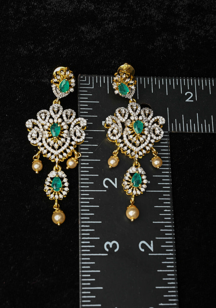 92.5 Pure Silver, Emerald Look Stones and CZ Stone Drop Earrings