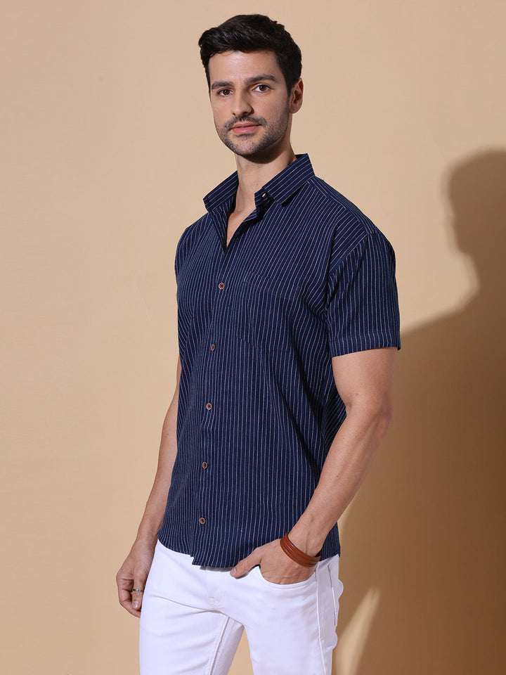 Ocean Blue Khadi Half Sleeve Cotton Shirt