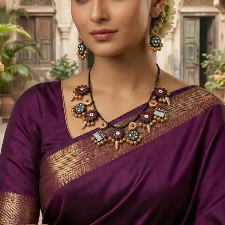 Terracotta Handcrafted Tribal Antique Statement Necklace Set with Ethnic Charms| SHOBITAM