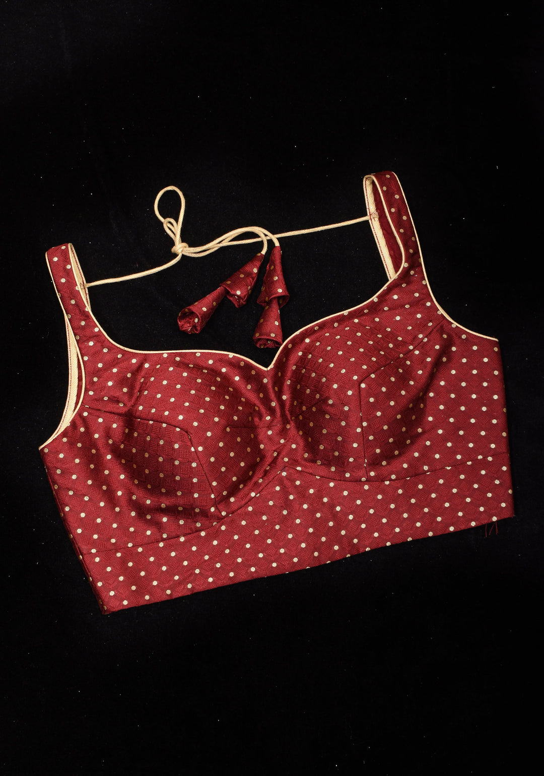 Maroon buti leaf neck sleeveless blouse and square neck back, Made to Order | SHOBITAM