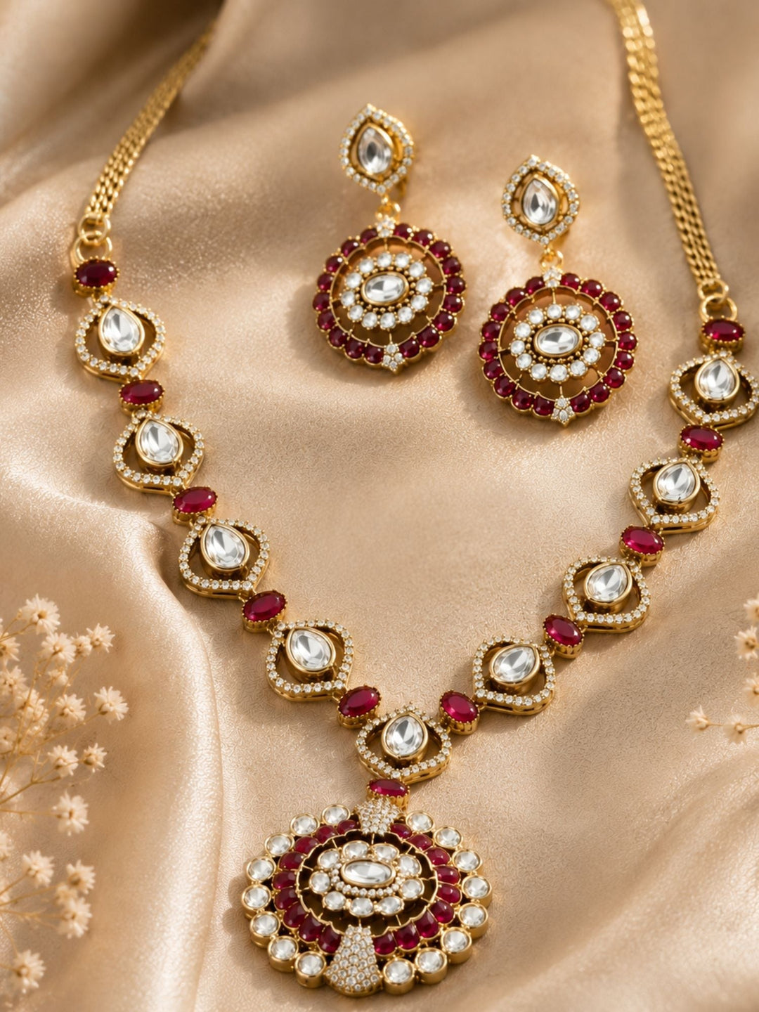 Ruby Kundan Pendant Necklace Set in Gold Plating | SHOBITAM