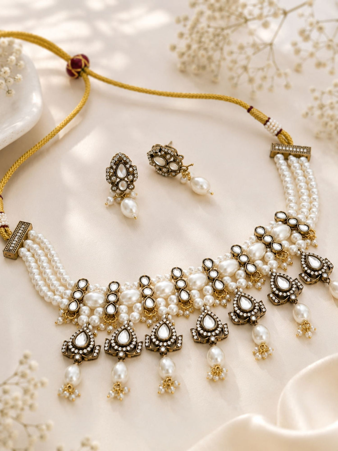 Pearl Kundan Choker Set in Antique Oxidised Gold – Bridal | SHOBITAM