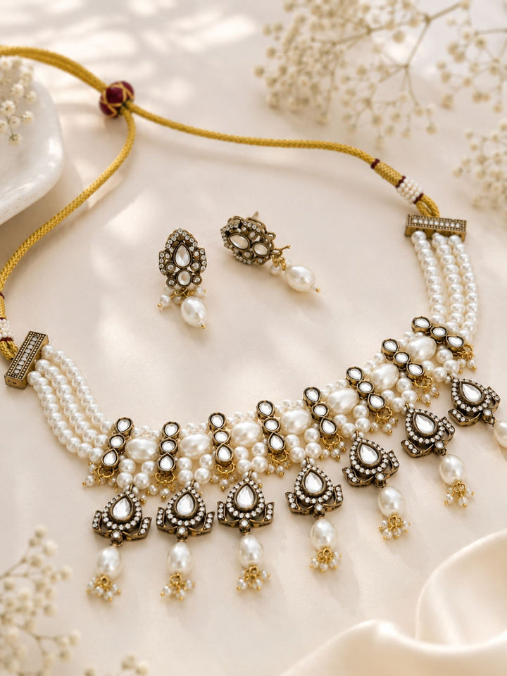 Pearl Kundan Choker Set in Antique Oxidised Gold – Bridal | SHOBITAM