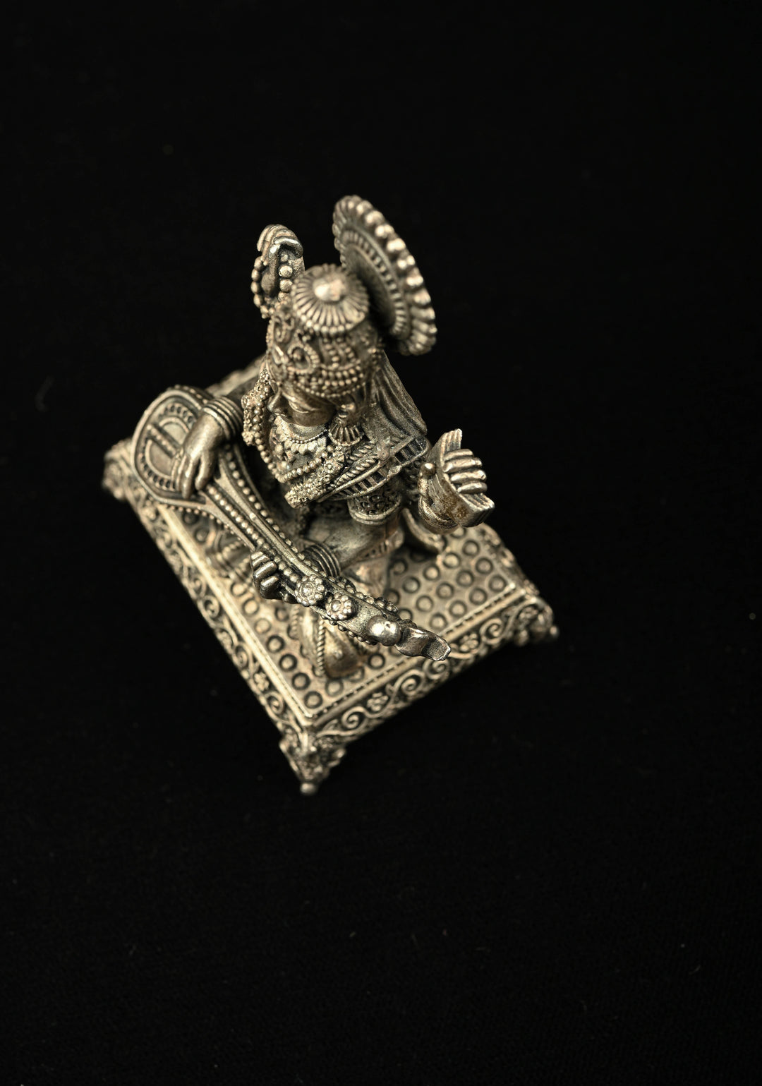 Pure 92.5 Silver Oxidized Goddess Saraswati Idol 3" inch