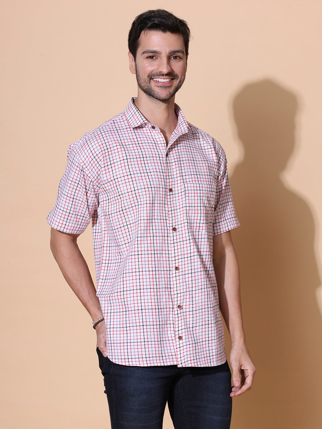 Pink Checkered Pure Khadi Half Sleeve Cotton Shirt |SHOBITAM