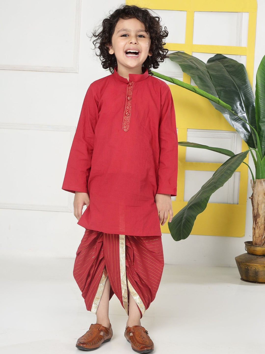 Red Minimal Zari Embroidery Cotton Kurta Dhoti set | SHOBITAM