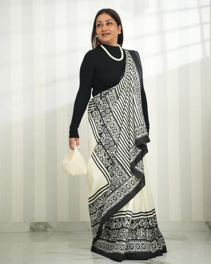 Off White Bishnupuri Handloom Pure Silk Saree with Block Print Geometric Border | SILK MARK CERTIFIED