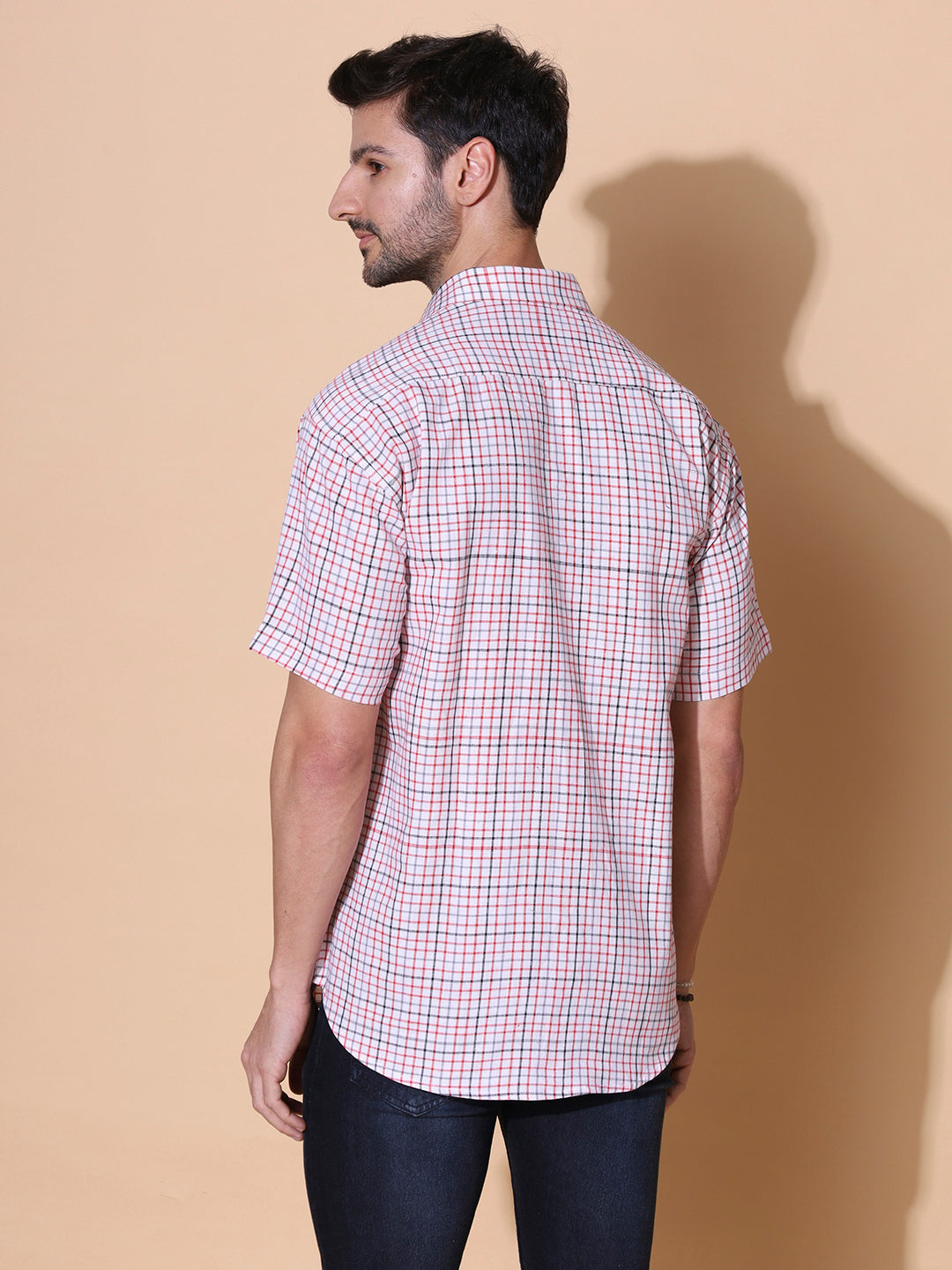 Pink Checkered Pure Khadi Half Sleeve Cotton Shirt |SHOBITAM