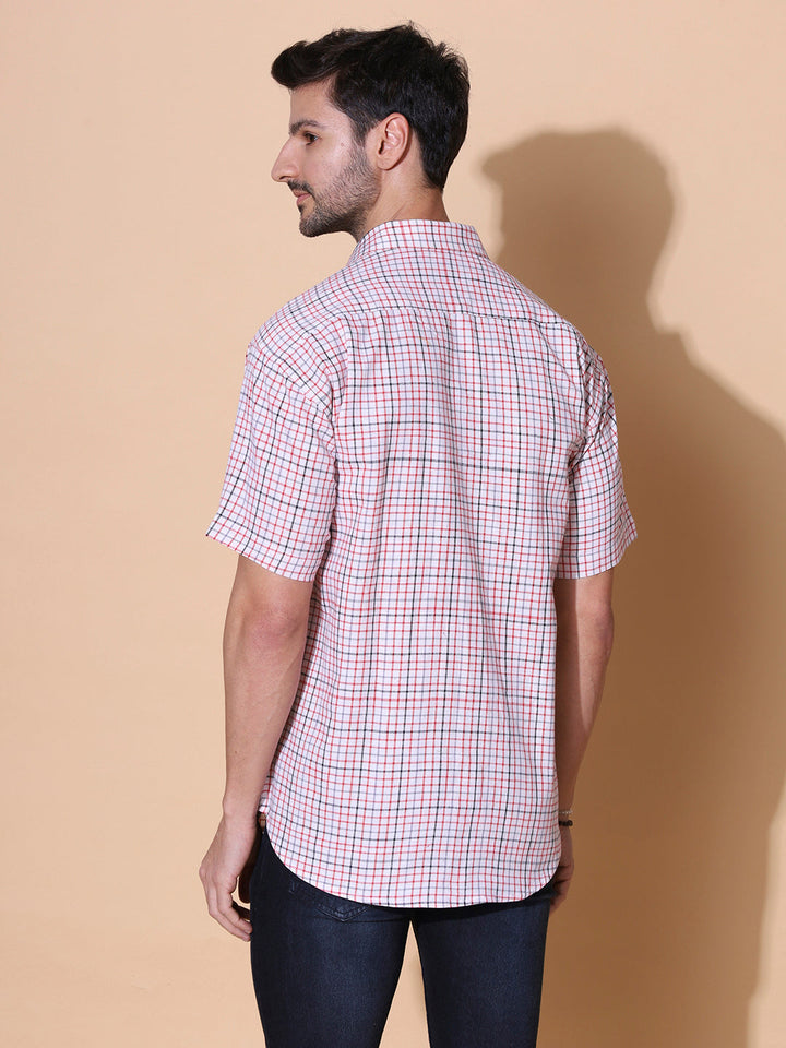 Pink Checkered Pure Khadi Half Sleeve Cotton Shirt |SHOBITAM