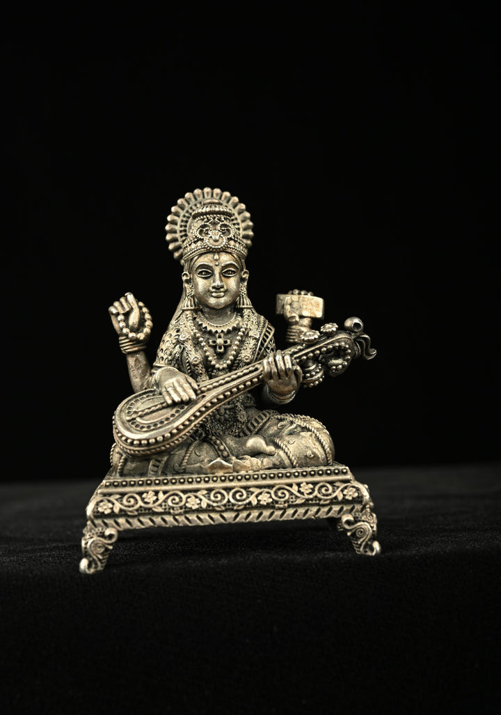 Pure 92.5 Silver Oxidized Goddess Saraswati Idol 3" inch