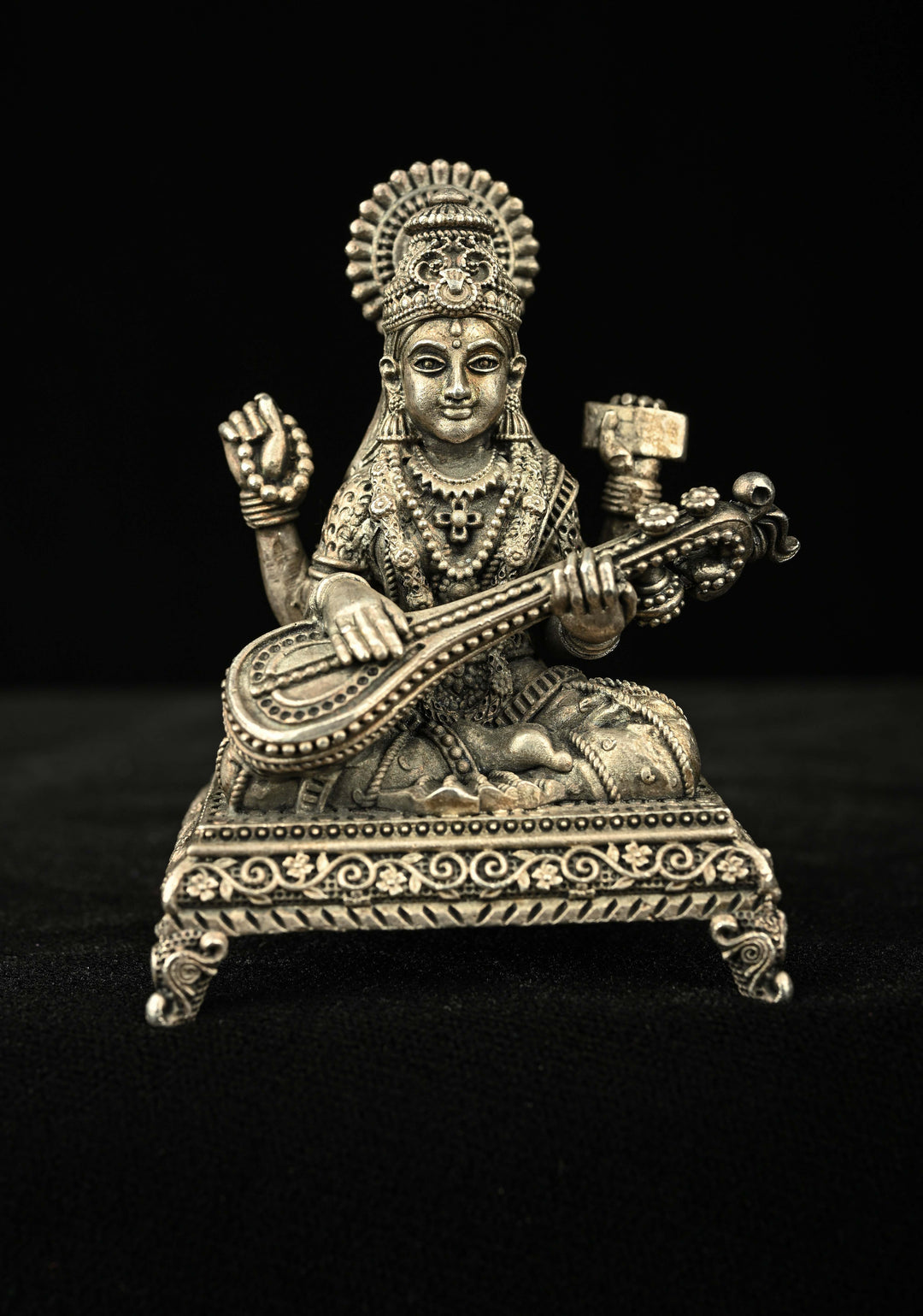 Pure 92.5 Silver Oxidized Goddess Saraswati Idol 3" inch
