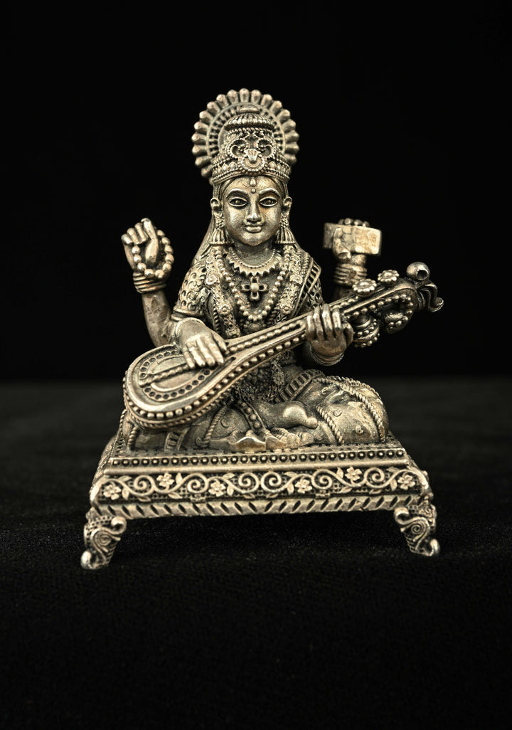 Pure 92.5 Silver Oxidized Goddess Saraswati Idol 3" inch