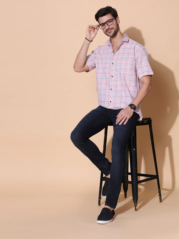 Pink Checkered Pure Khadi Half Sleeve Cotton Shirt |SHOBITAM