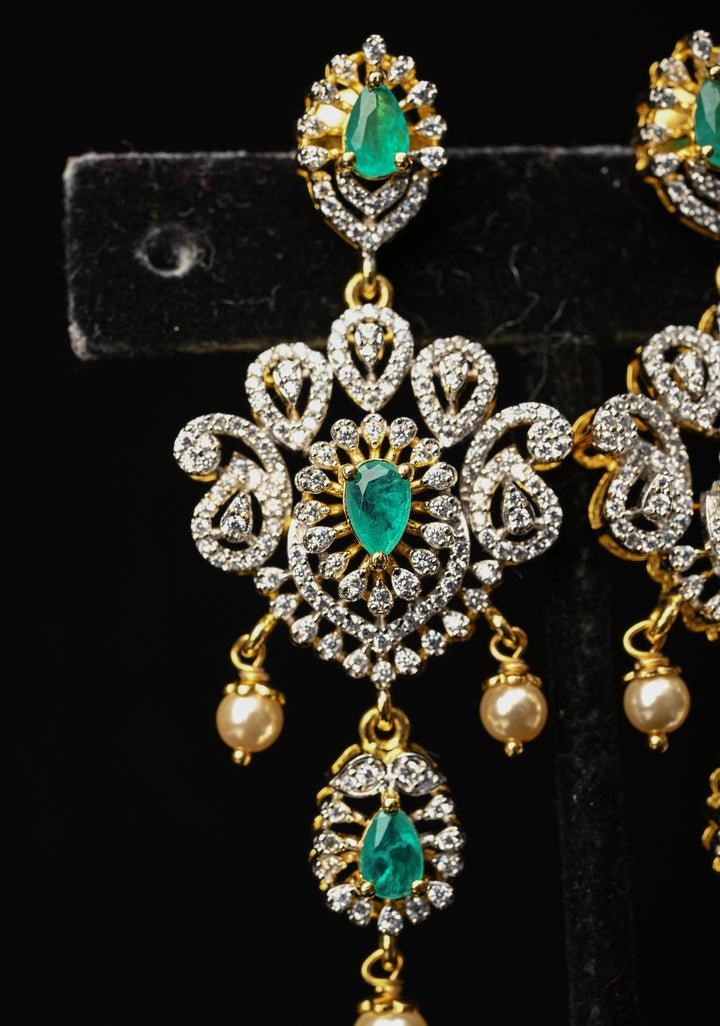 92.5 Pure Silver, Emerald Look Stones and CZ Stone Drop Earrings