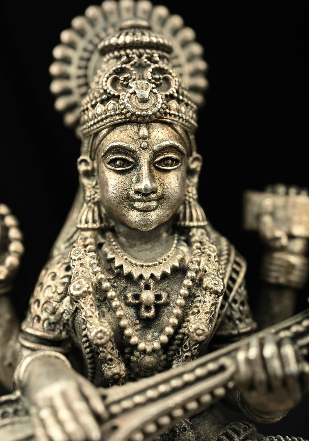 Pure 92.5 Silver Oxidized Goddess Saraswati Idol 3" inch