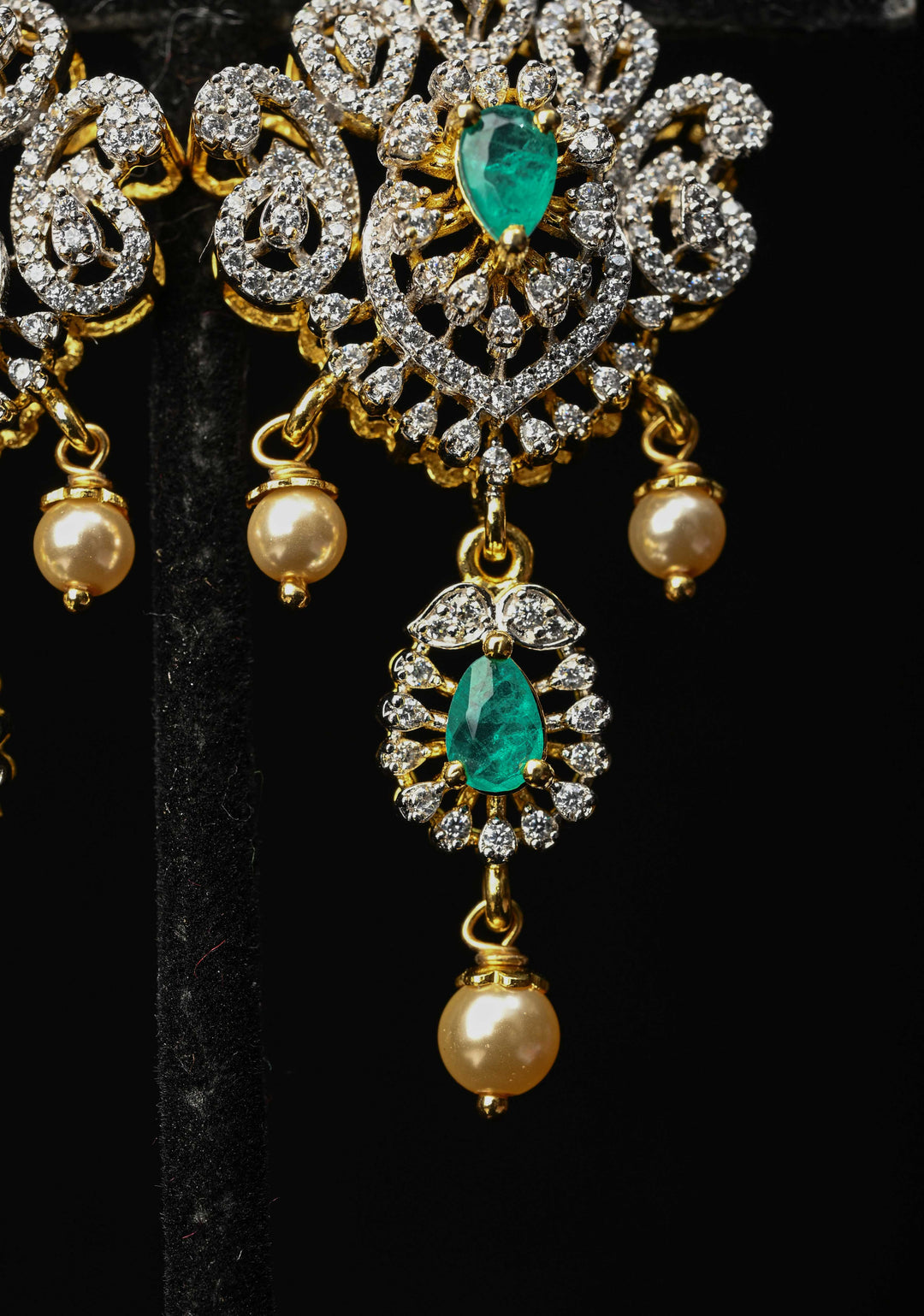 92.5 Pure Silver, Emerald Look Stones and CZ Stone Drop Earrings