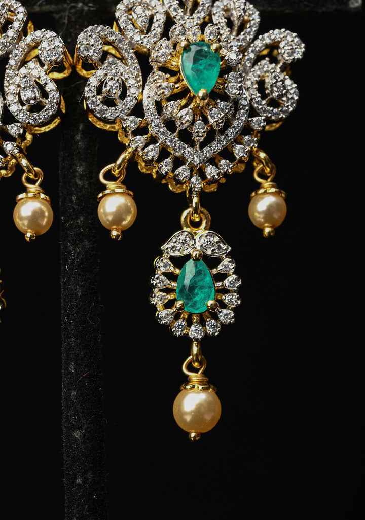 92.5 Pure Silver, Emerald Look Stones and CZ Stone Drop Earrings