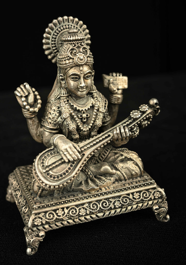 Pure 92.5 Silver Oxidized Goddess Saraswati Idol 3" inch