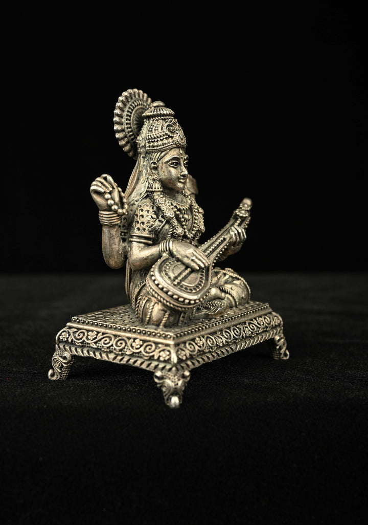 Pure 92.5 Silver Oxidized Goddess Saraswati Idol 3" inch