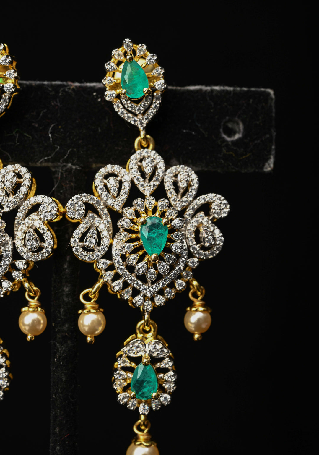 92.5 Pure Silver, Emerald Look Stones and CZ Stone Drop Earrings