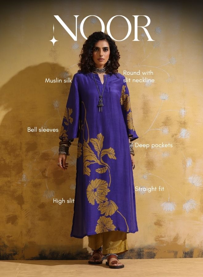 Purple Mustard Floral Print Muslin Silk High-Slit Kurta Set  | SHOBITAM
