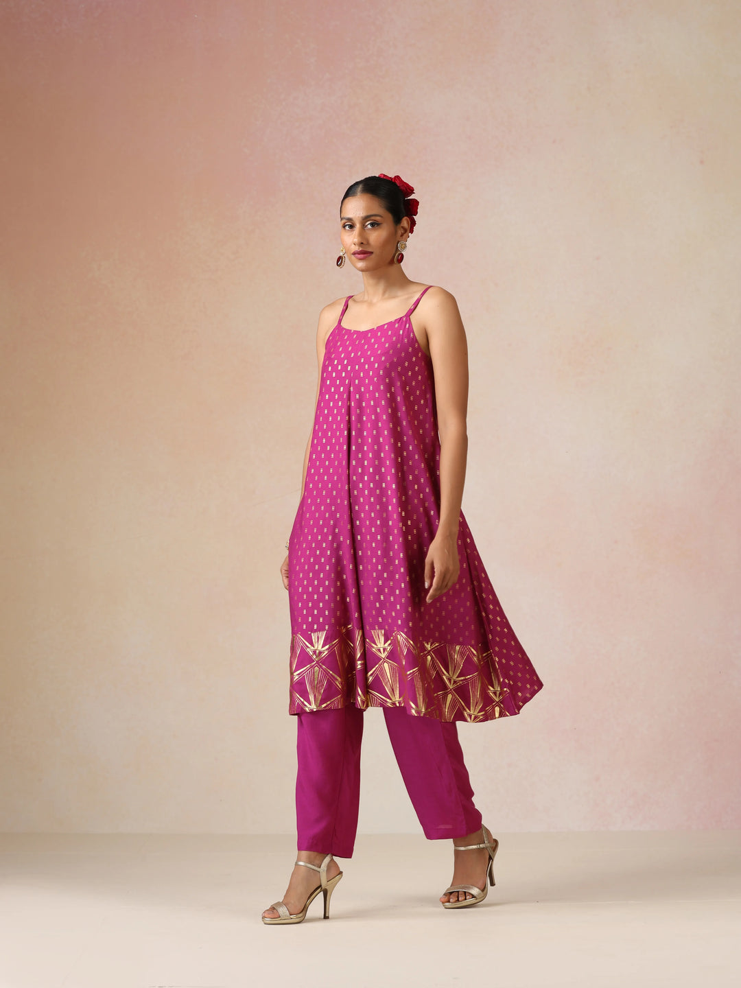 Pink Gold Foil Print Muslin Silk Flared Kurta Set| SHOBITAM