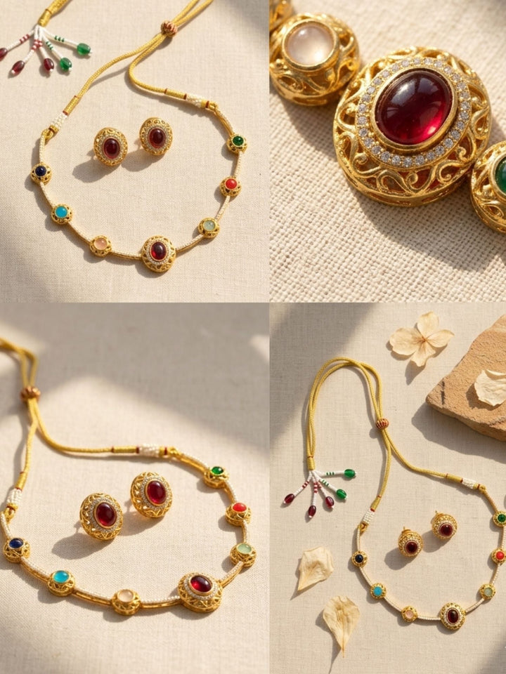 Navratna Stone Necklace Set with Earrings | SHOBITAM
