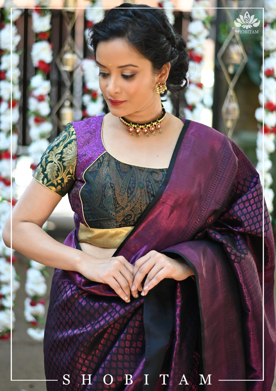 Purple and Black Banarasi Brocade Blouse with Tie back design | SHOBITAM