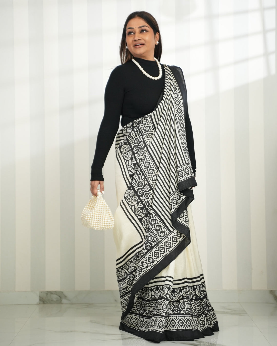Dolly Jain in Taarika Handloom Silk Block Print Saree | SILK MARK CERTIFIED | SHOBITAM