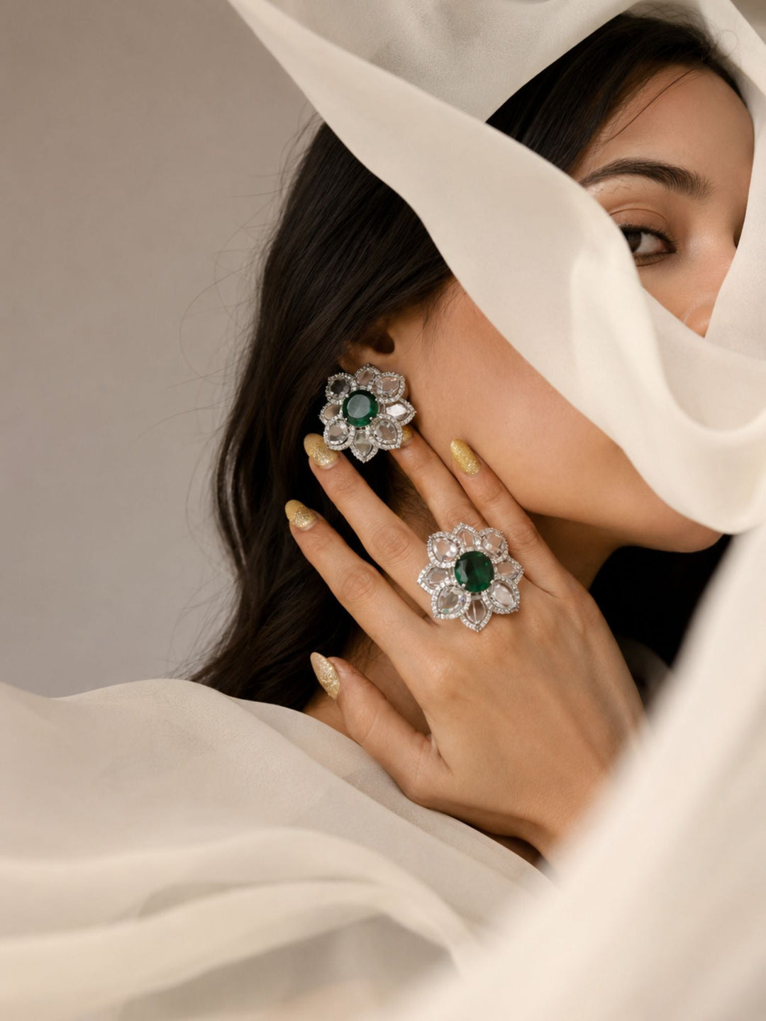 Emerald Green Floral Ring & Earrings Set | SHOBITAM