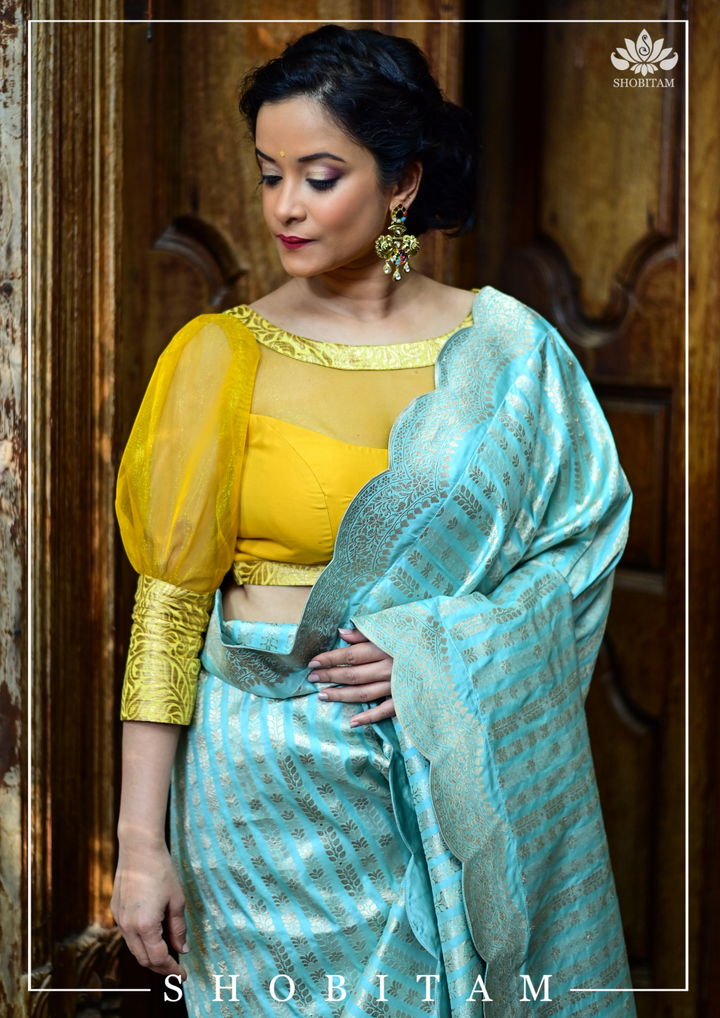 Mustard boat neck Blouse with Sheer Yoke and Puff Sleeves, Banarasi Brocade Detailing